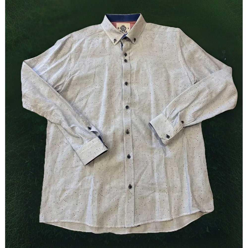 Men's L Linen/Cotton Guide London Button Down Blue & White Stripes Dress Shirt